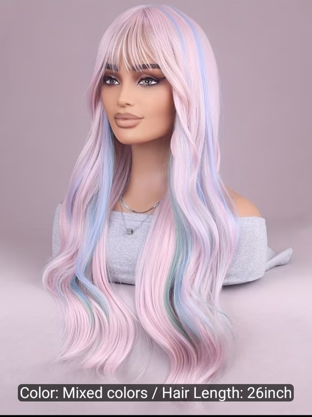 Pastel Pink Long Wavy Women's Wig with Blue Accents - Mixed Colors